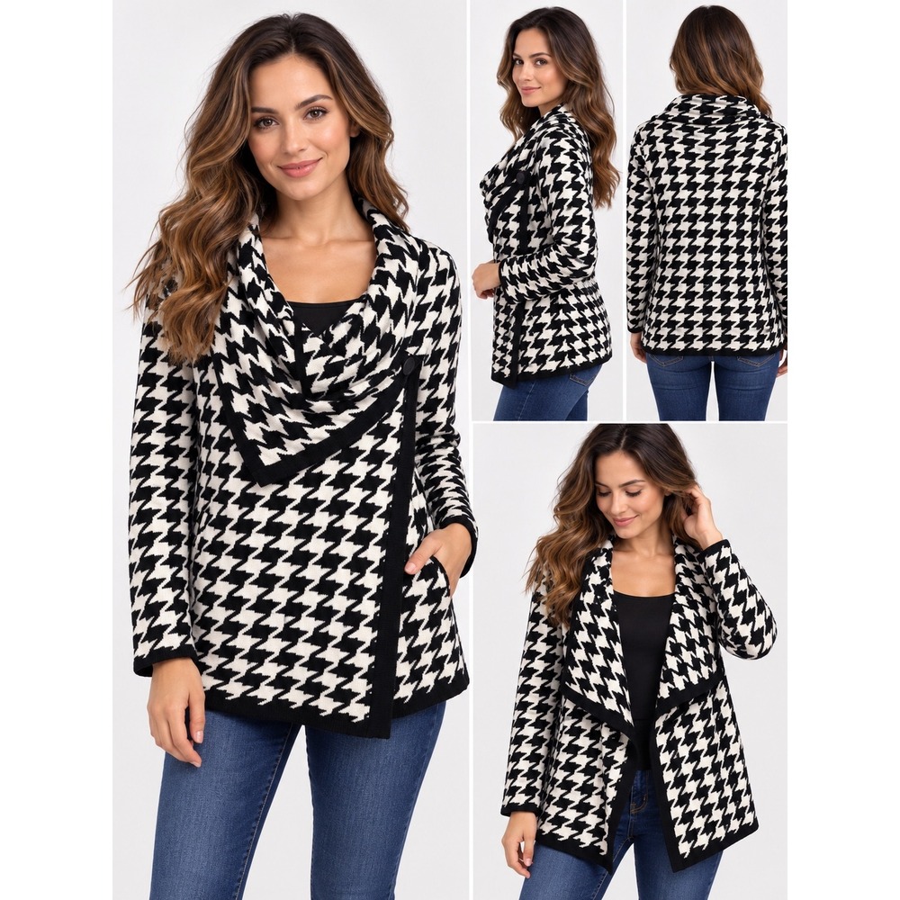 Style & Co Womens Houndstooth Draped Cowl Neck Cardigan Sweater Black White L